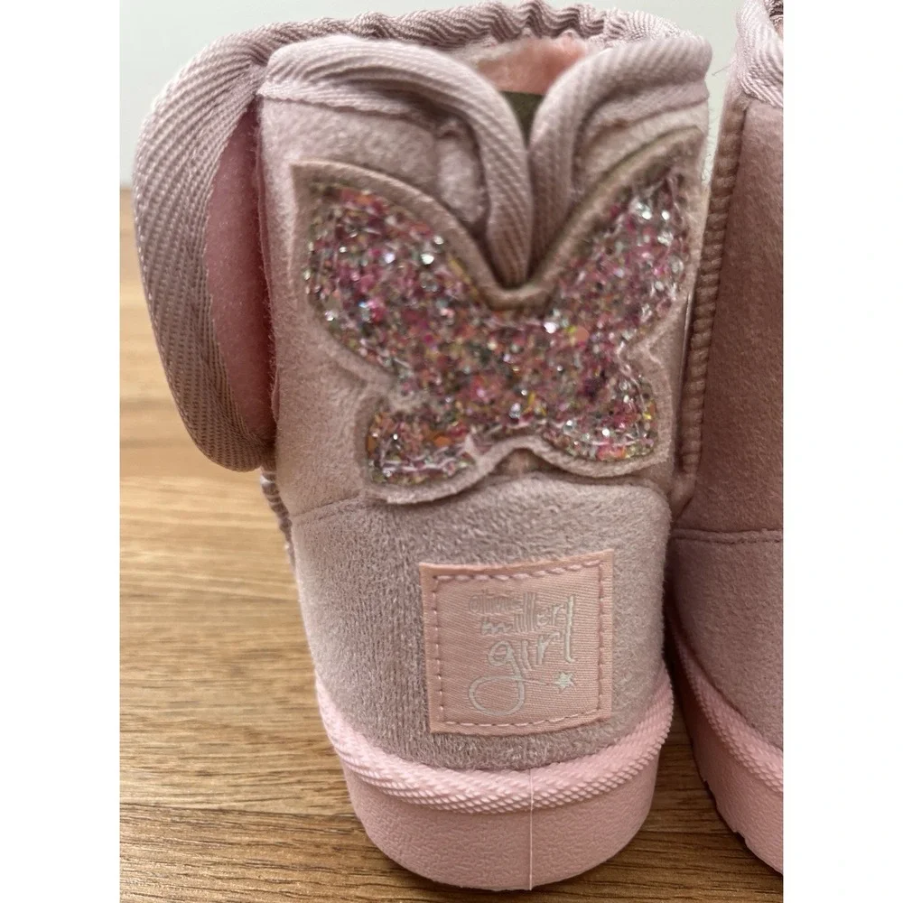 Olivia Miller Sparkle Butterfly Boots Pink, Big Girls Size 1 Faux Shearling NEW